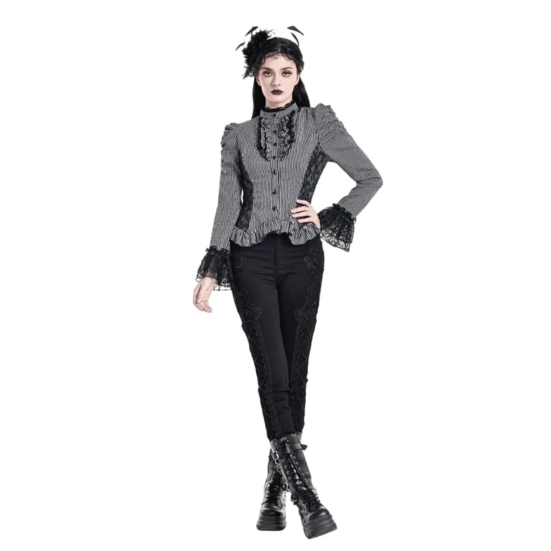 Gothic-Bluse für Damen mit Rüschen, Spitzen-Patchwork und Nadelstreifen, langen Ärmeln