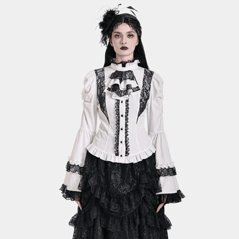Gothic-Bluse für Damen mit Spitzeneinsatz, Rüschen, kontrastfarbenen Glockenärmeln und abnehmbarem Halsband