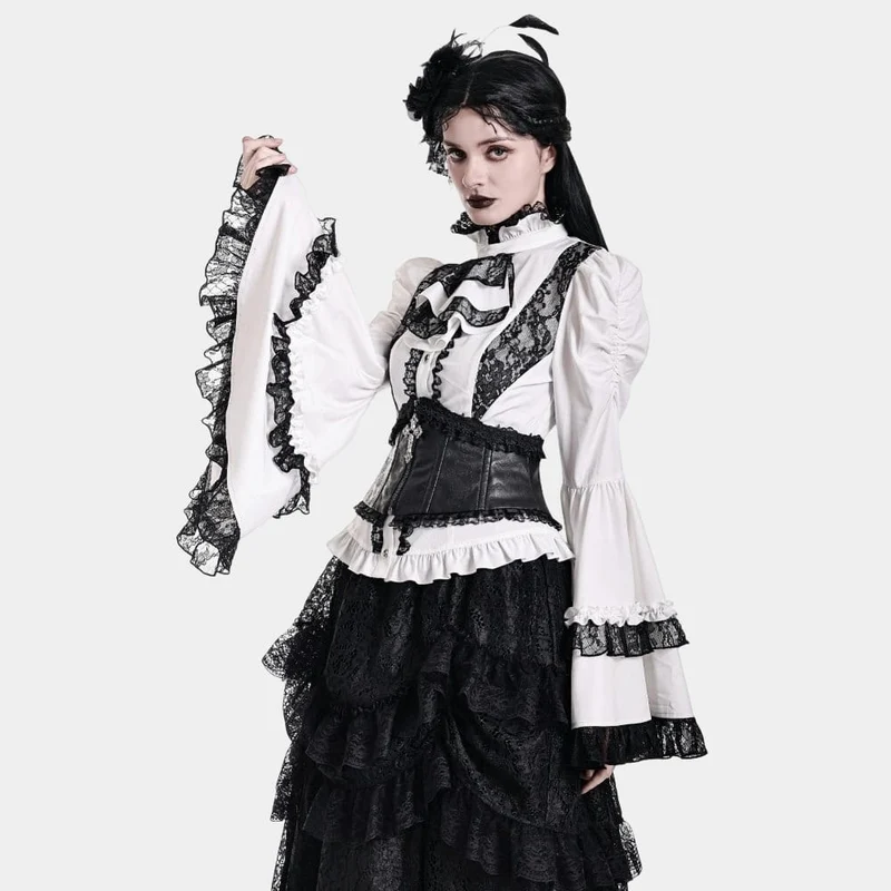 Gothic-Bluse für Damen mit Spitzeneinsatz, Rüschen, kontrastfarbenen Glockenärmeln und abnehmbarem Halsband