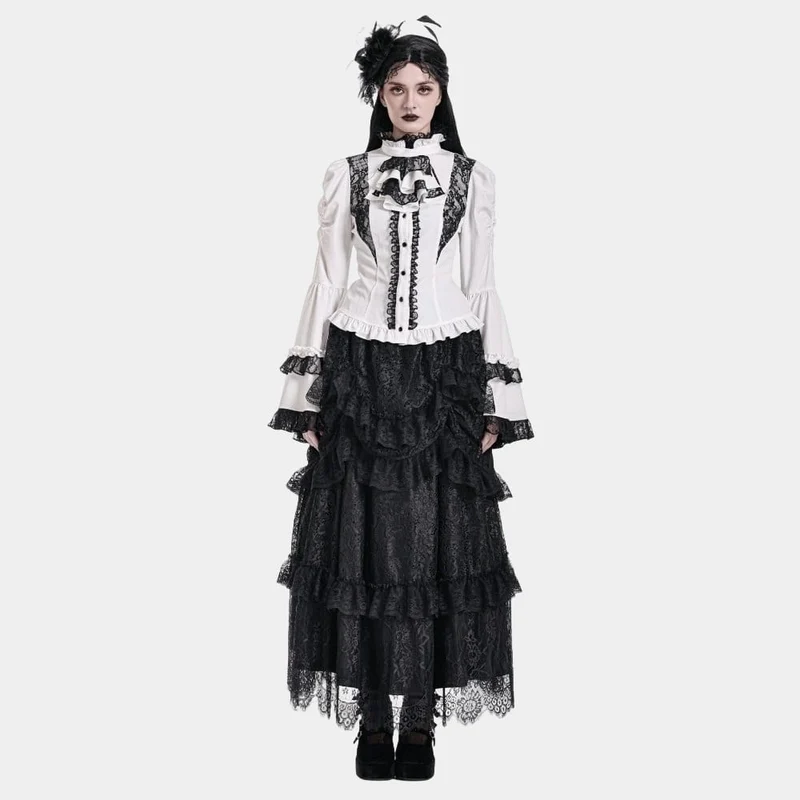Gothic-Bluse für Damen mit Spitzeneinsatz, Rüschen, kontrastfarbenen Glockenärmeln und abnehmbarem Halsband