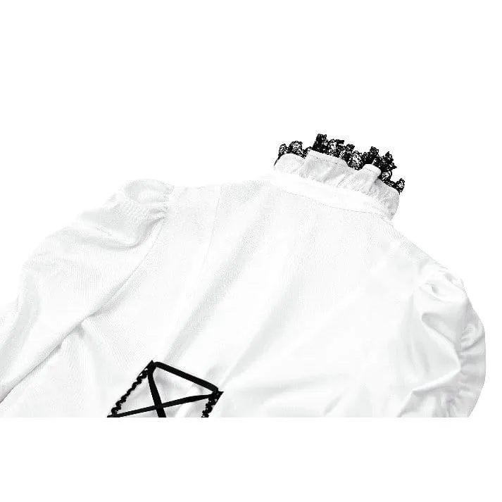 Gothic-Bluse für Damen mit Spitzeneinsatz, Rüschen, kontrastfarbenen Glockenärmeln und abnehmbarem Halsband