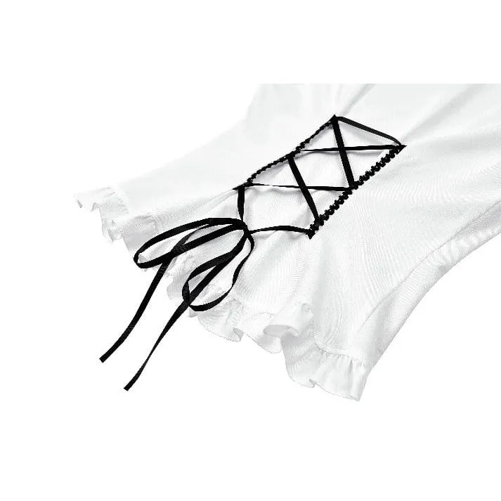 Gothic-Bluse für Damen mit Spitzeneinsatz, Rüschen, kontrastfarbenen Glockenärmeln und abnehmbarem Halsband