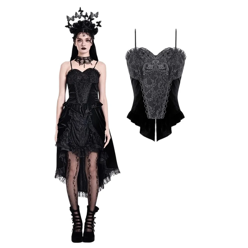 Gothic Crop-Top für Damen mit Blumenmuster, Schmetterlingsmotiv, Spitze und Samt