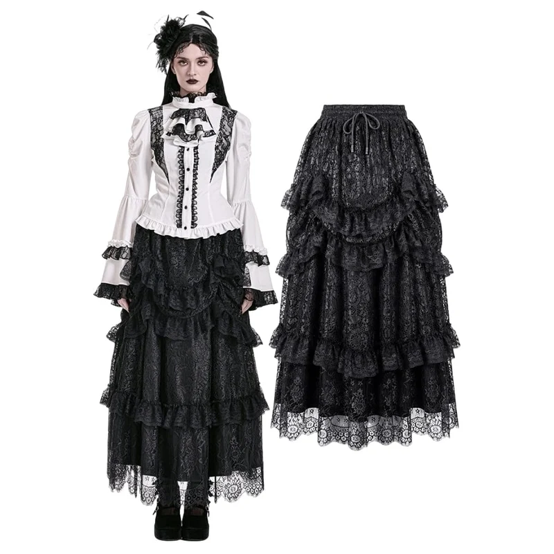 Gothic-Maxirock für Damen mit mehreren Lagen, Rüschen und floraler Spitze