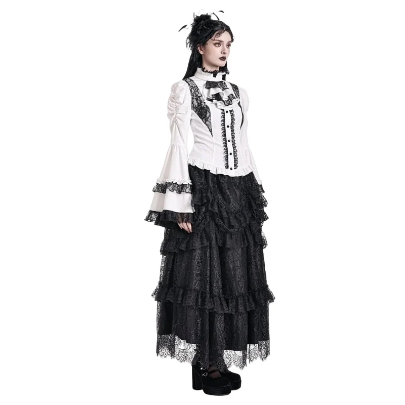 Gothic-Maxirock für Damen mit mehreren Lagen, Rüschen und floraler Spitze