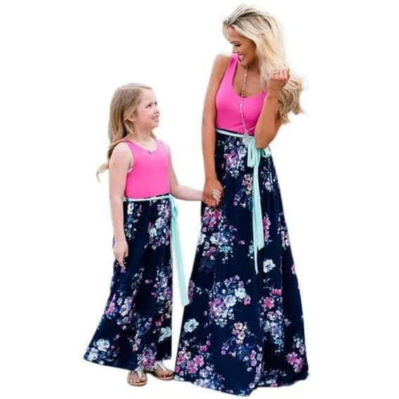 Langes Kleid Blau Und Rosa