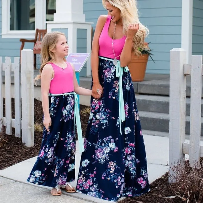 Langes Kleid Blau Und Rosa
