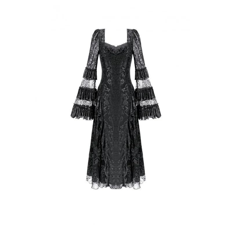 Gothic Maxikleid für Damen mit eckigem Ausschnitt, Jacquard-Stufenmuster, Glockenärmeln und Spitze aus Mesh