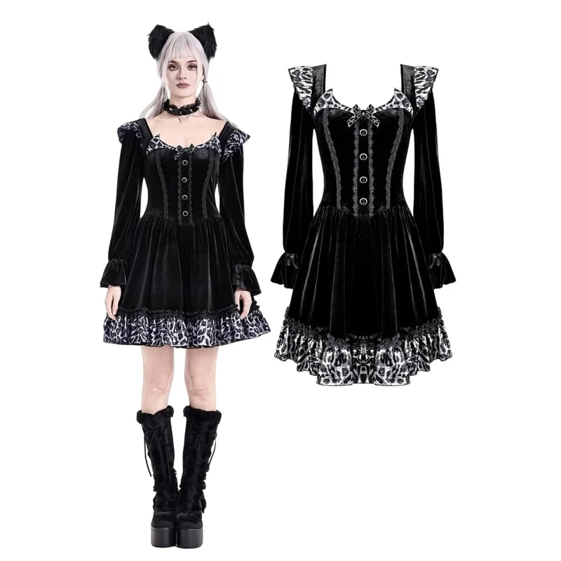 Gothic-Abendkleid für Damen mit Leopardenmuster, Rüschenbesatz und Bischofsärmeln aus Samt