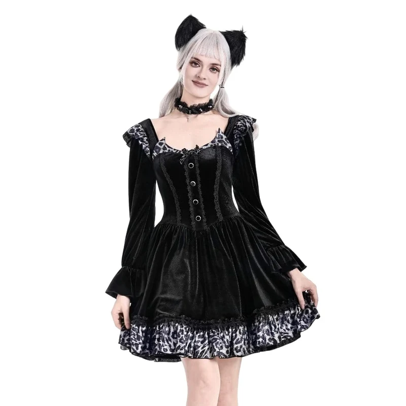 Gothic-Abendkleid für Damen mit Leopardenmuster, Rüschenbesatz und Bischofsärmeln aus Samt