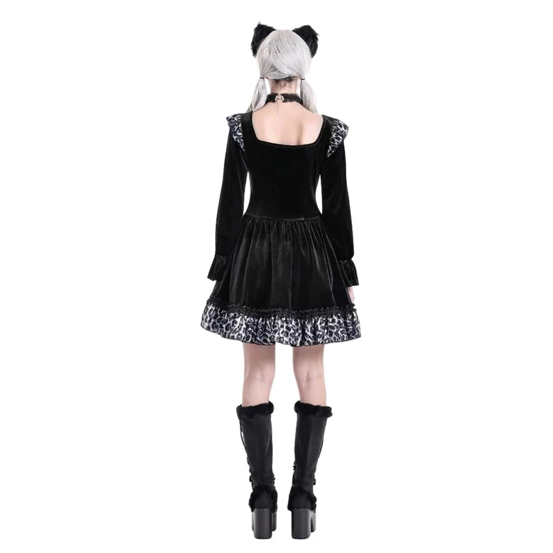 Gothic-Abendkleid für Damen mit Leopardenmuster, Rüschenbesatz und Bischofsärmeln aus Samt