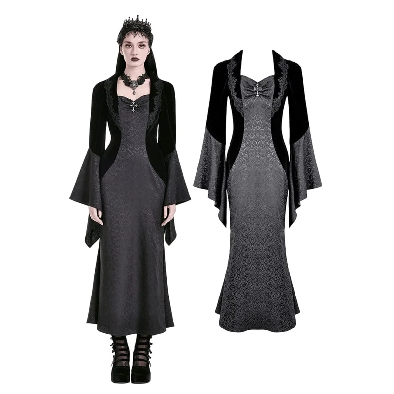 Gothic-Kleid für Damen aus Samt mit Kreuzdekor und Jacquard-Einsätzen, langärmelig