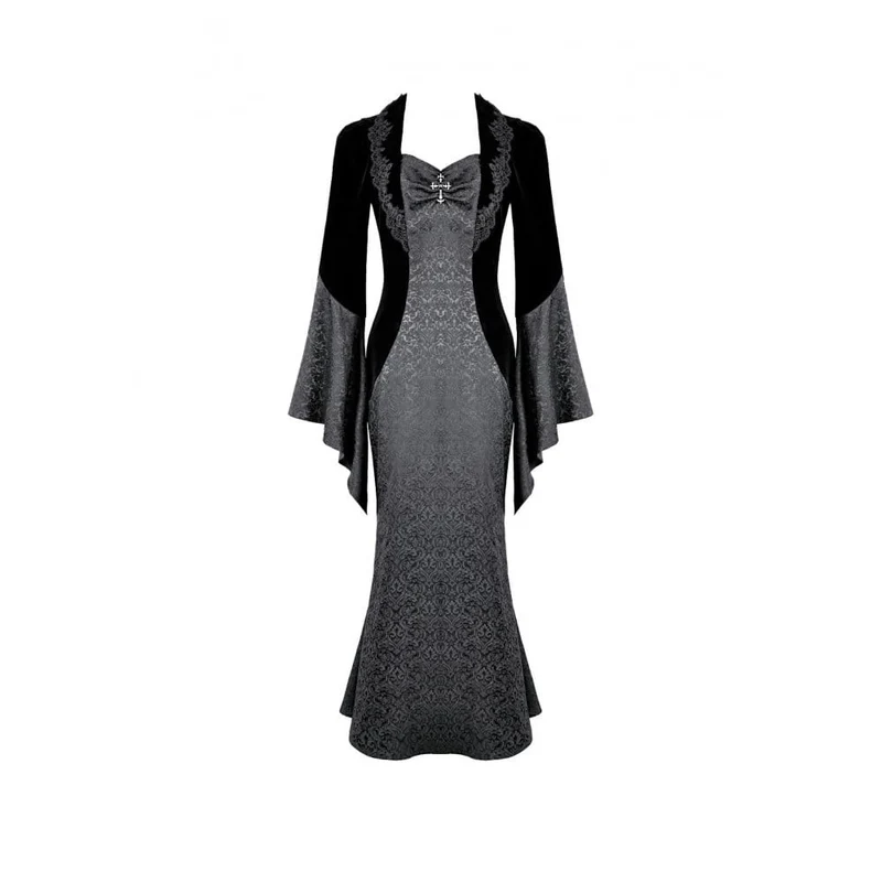 Gothic-Kleid für Damen aus Samt mit Kreuzdekor und Jacquard-Einsätzen, langärmelig
