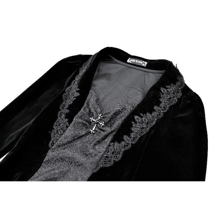 Gothic-Kleid für Damen aus Samt mit Kreuzdekor und Jacquard-Einsätzen, langärmelig