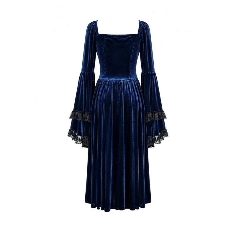Gothic-Maxikleid für Damen mit Schnürung, Rüschen und ausgestellten Ärmeln, blau