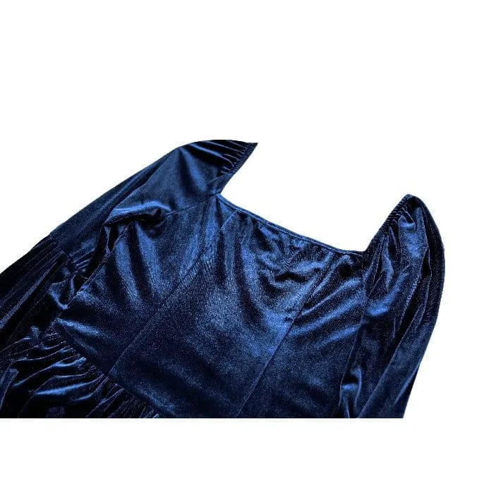 Gothic-Maxikleid für Damen mit Schnürung, Rüschen und ausgestellten Ärmeln, blau