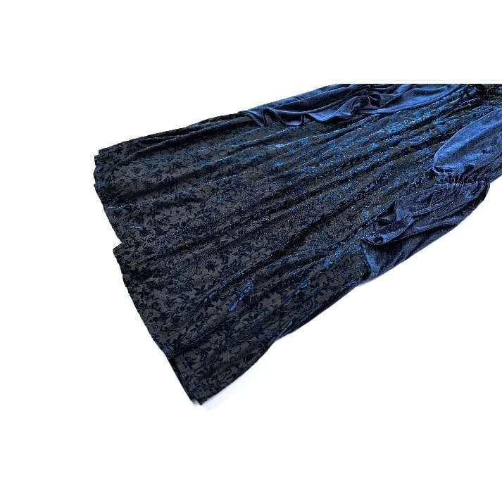 Gothic-Maxikleid für Damen mit Schnürung, Rüschen und ausgestellten Ärmeln, blau