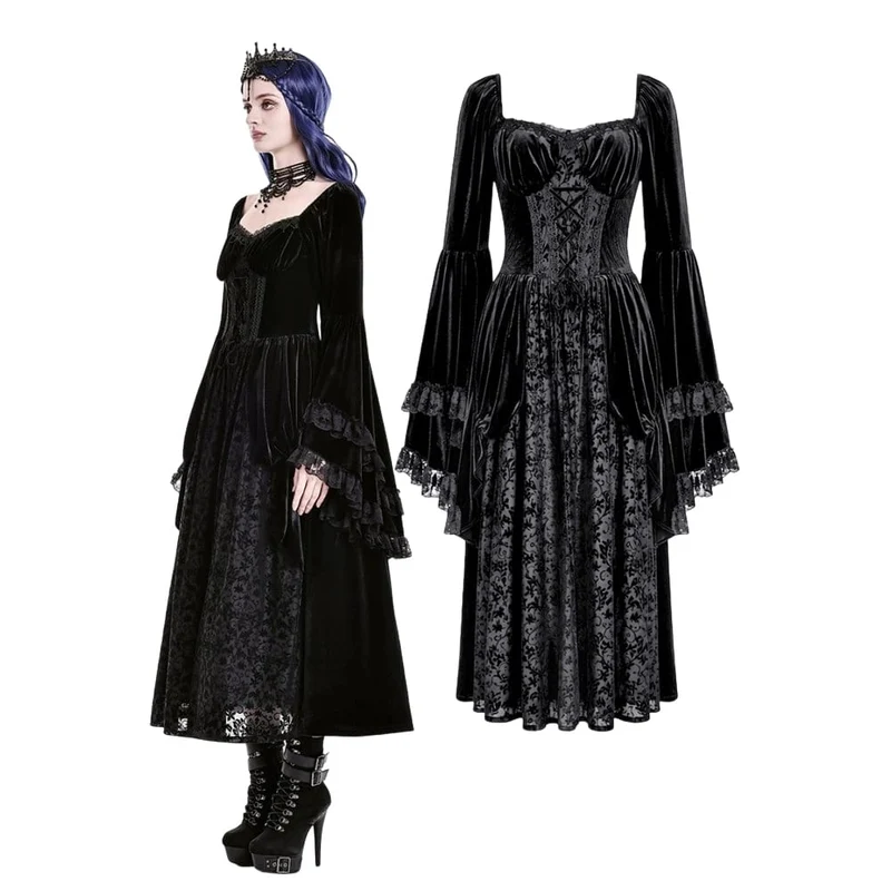 Schwarzes Gothic-Maxikleid mit Schnürung, Rüschen und ausgestellten Ärmeln für Damen – ideal als Hochzeitskleid