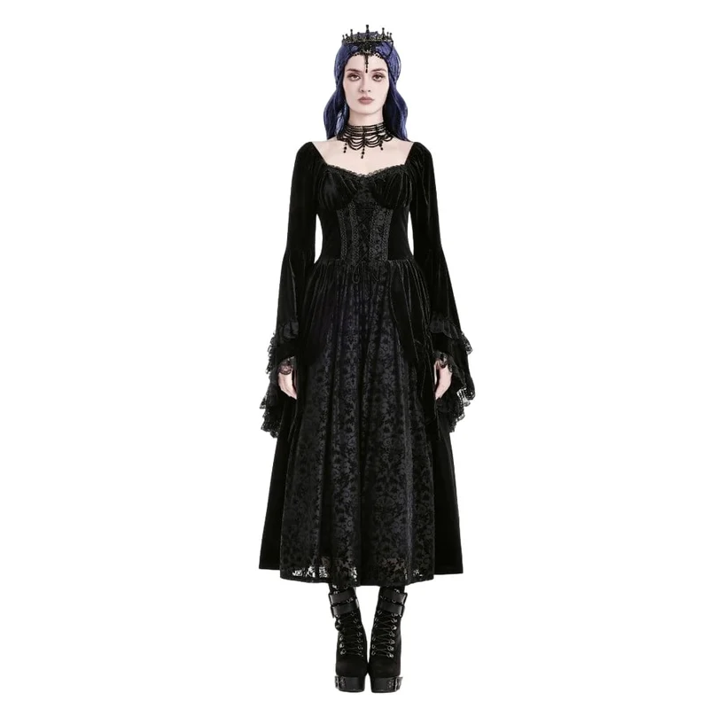 Schwarzes Gothic-Maxikleid mit Schnürung, Rüschen und ausgestellten Ärmeln für Damen – ideal als Hochzeitskleid