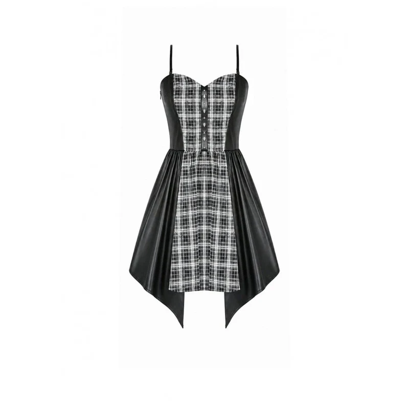 Punk-Kleid für Damen mit Karomuster, Patchwork-Einsätzen und unregelmäßigem Saum, ideal als Abschlusskleid