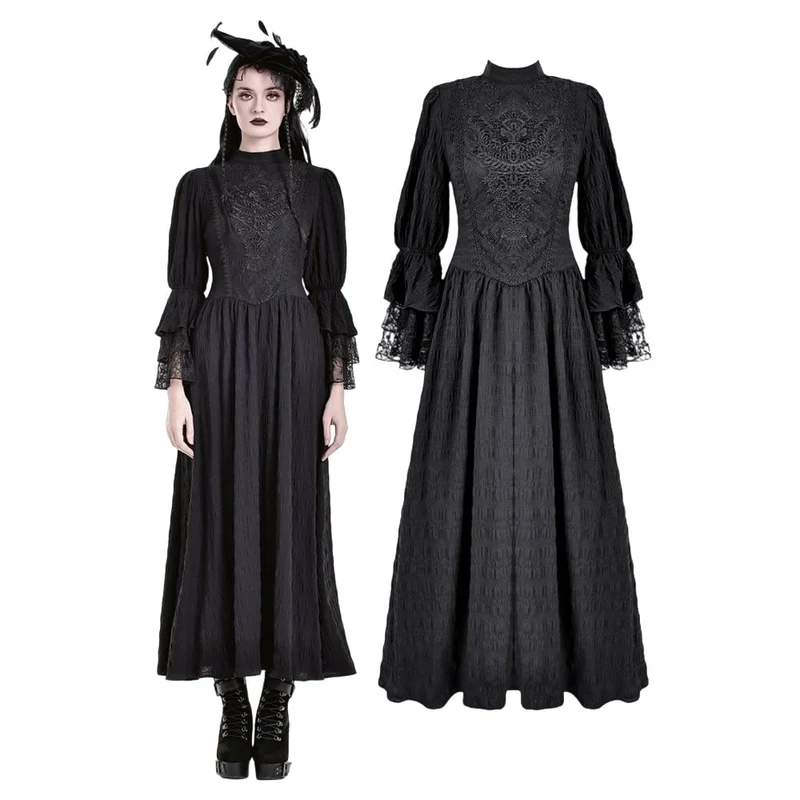 Gothic-Maxikleid mit Stehkragen, Guipure-Spitze und Glockenärmeln für Damen, Hochzeitskleid