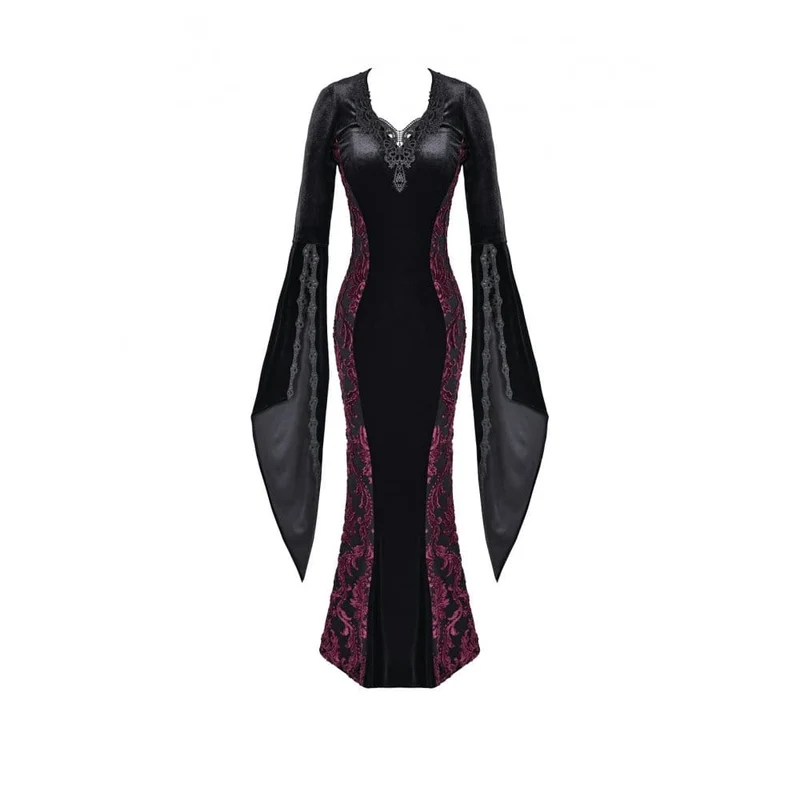 Gothic-Maxikleid aus Samt mit Applikationen, V-Ausschnitt und ausgestellten Ärmeln für Damen – Hochzeitskleid