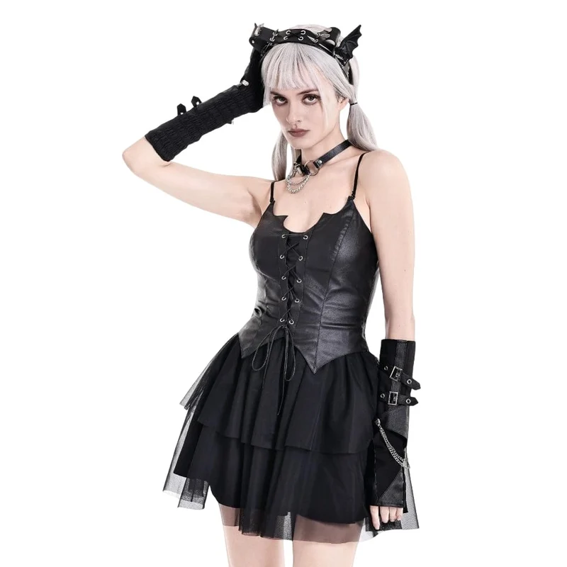 Gothic-Kleid für Damen mit Fledermausflügel-Schnitt, Schnürung und mehrlagigem Mesh-Saum, Abschlusskleid