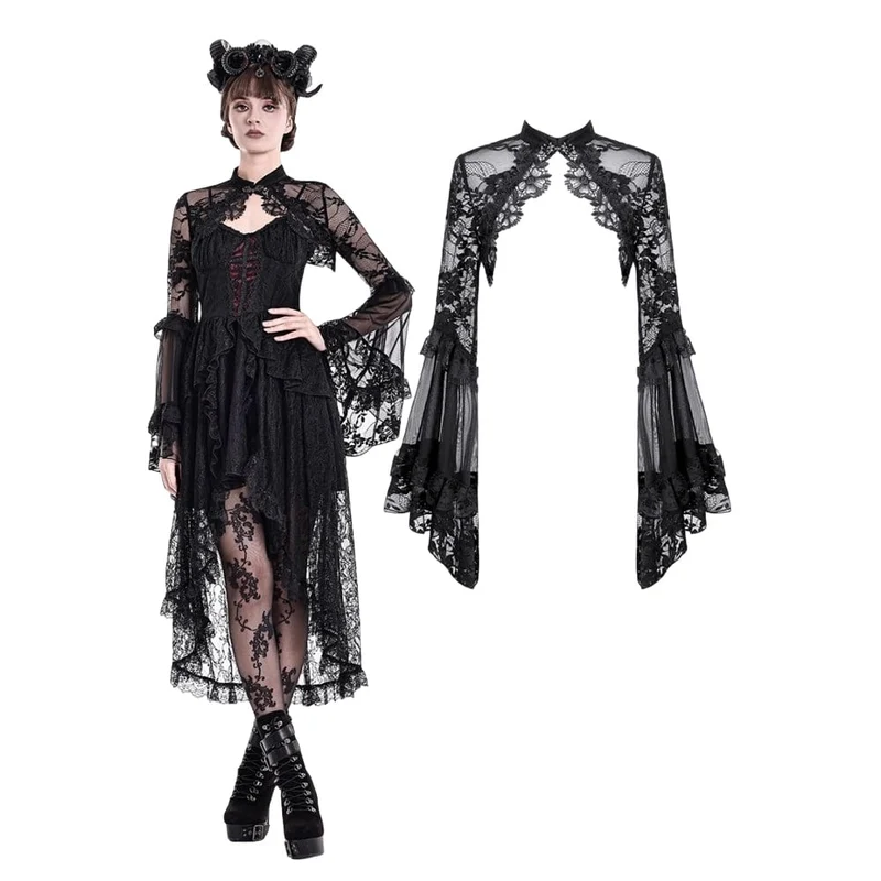 Gothic-Cape für Damen mit floralem Muster, ausgestellten Ärmeln und Mesh-Spitze