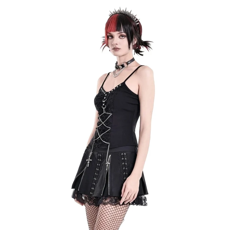 Punk Minirock für Damen mit floralem Spitzen-Patchwork und überkreuztem Reißverschluss