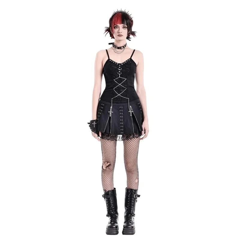 Punk Minirock für Damen mit floralem Spitzen-Patchwork und überkreuztem Reißverschluss