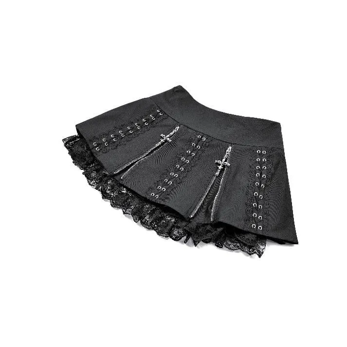 Punk Minirock für Damen mit floralem Spitzen-Patchwork und überkreuztem Reißverschluss