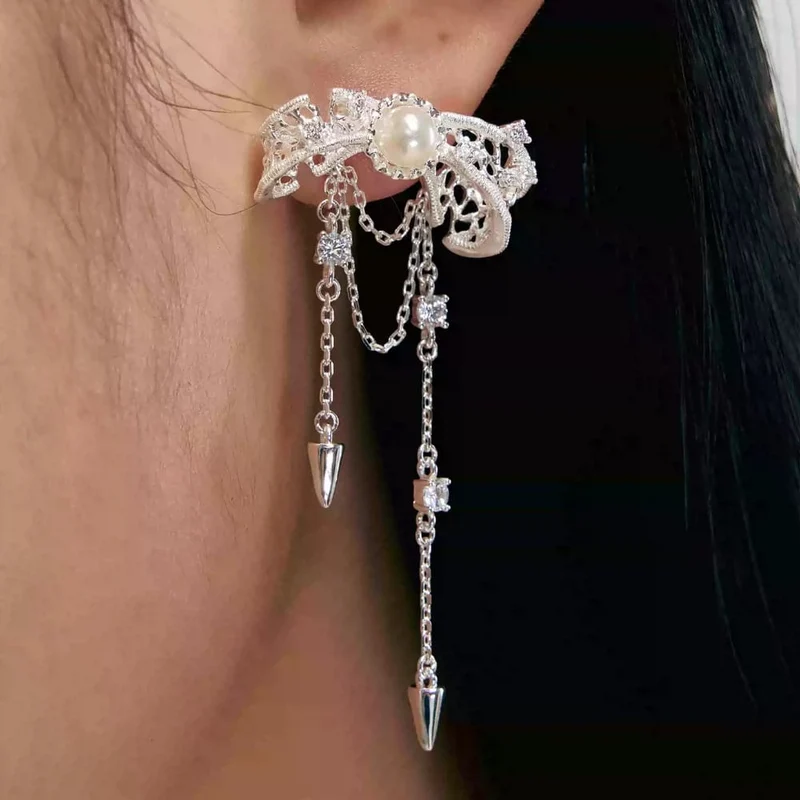 Grunge-Ohrringe mit Schleife und Kette für Damen