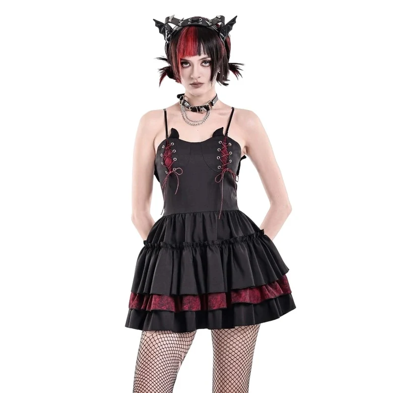 Gothic-Schnürkleid für Damen, zweifarbig, mit Rüschensaum und Lagenlook, Abschlusskleid