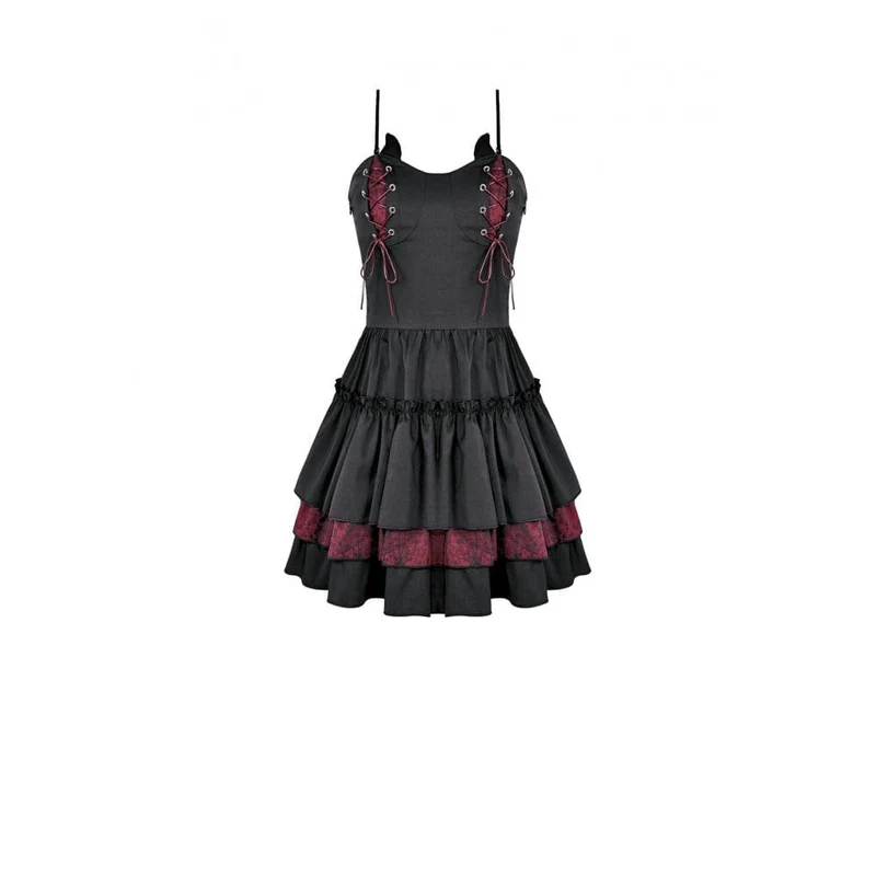 Gothic-Schnürkleid für Damen, zweifarbig, mit Rüschensaum und Lagenlook, Abschlusskleid