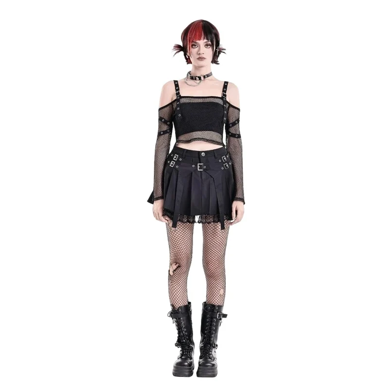 Damen-Punk-Rock mit Spitzen-Patchwork, Schnallenriemen und Falten