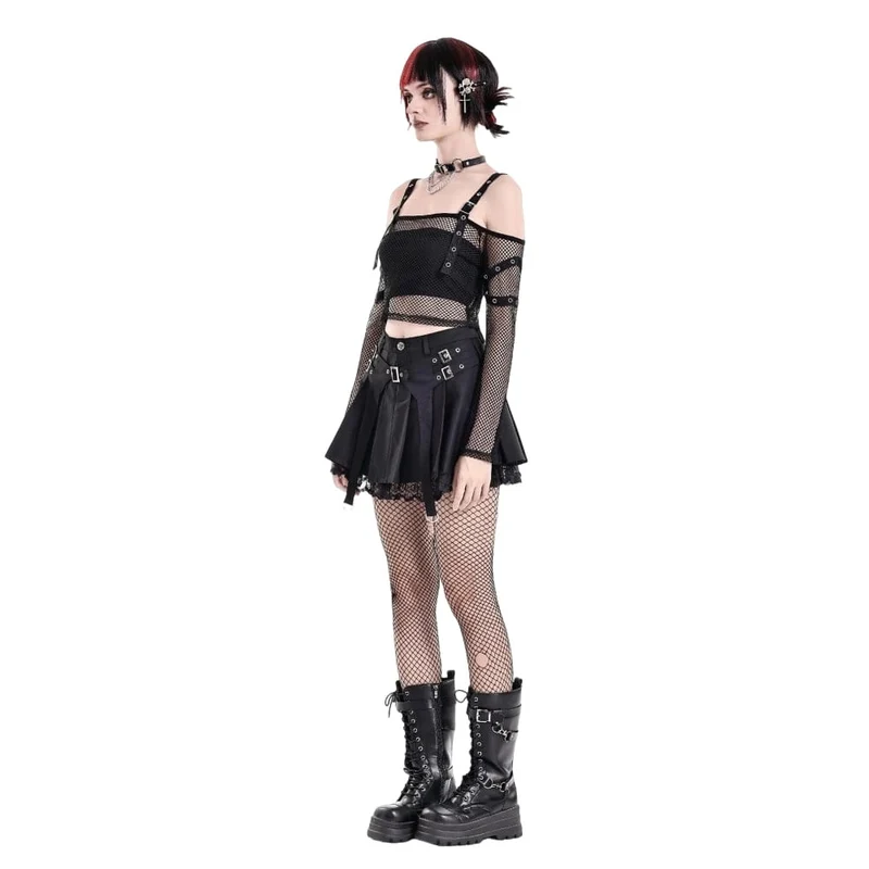 Damen-Punk-Rock mit Spitzen-Patchwork, Schnallenriemen und Falten