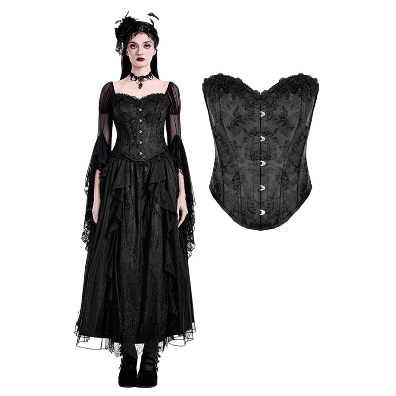 Schwarzes Gothic-Schnürkorsett aus Jacquard-Stoff mit Überbrustumfang für Damen