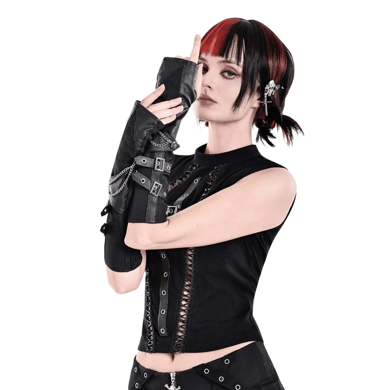 Punk-Handschuhe für Damen mit Schnallenriemen und Kette