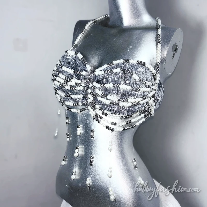 Beaded halter metal chain glitter top