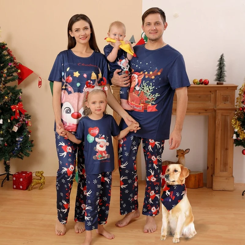 Weihnachtspyjama Blau und Rot (Familie/Hund)