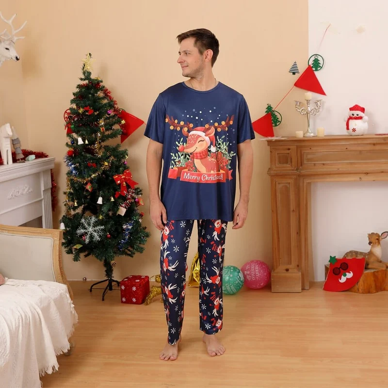 Weihnachtspyjama Blau und Rot (Familie/Hund)