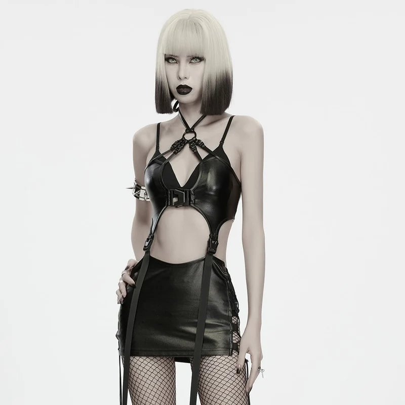 Punk-Neckholder-Dessous für Damen mit Cut-out-Schnallenriemen