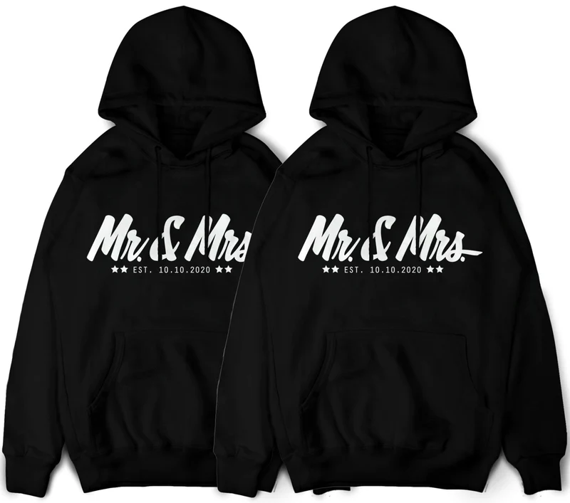Mr & Mrs Pullover für Paare im Set 2 Stück Pärchenpullover und Paar Hoodies mit Wunschdatum