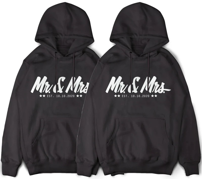 Mr & Mrs Pullover für Paare im Set 2 Stück Pärchenpullover und Paar Hoodies mit Wunschdatum