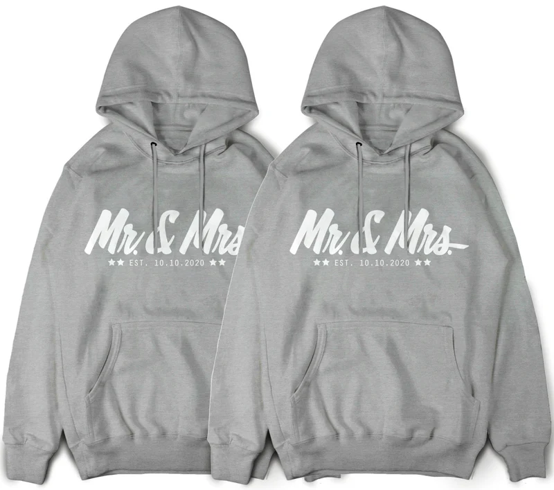 Mr & Mrs Pullover für Paare im Set 2 Stück Pärchenpullover und Paar Hoodies mit Wunschdatum