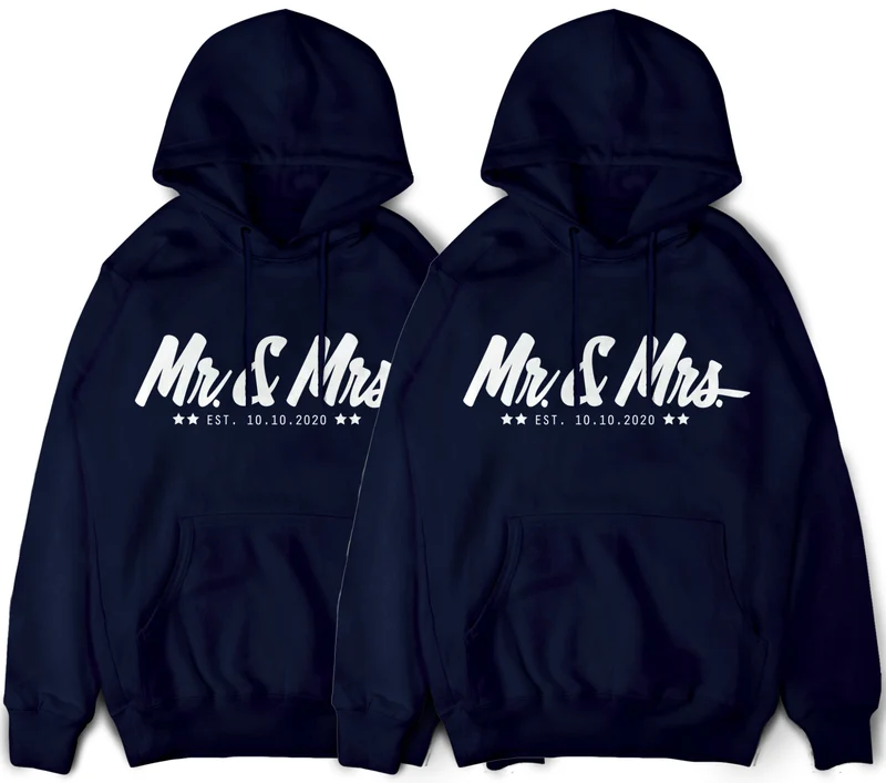 Mr & Mrs Pullover für Paare im Set 2 Stück Pärchenpullover und Paar Hoodies mit Wunschdatum