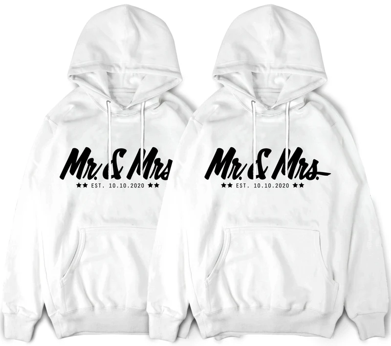 Mr & Mrs Pullover für Paare im Set 2 Stück Pärchenpullover und Paar Hoodies mit Wunschdatum