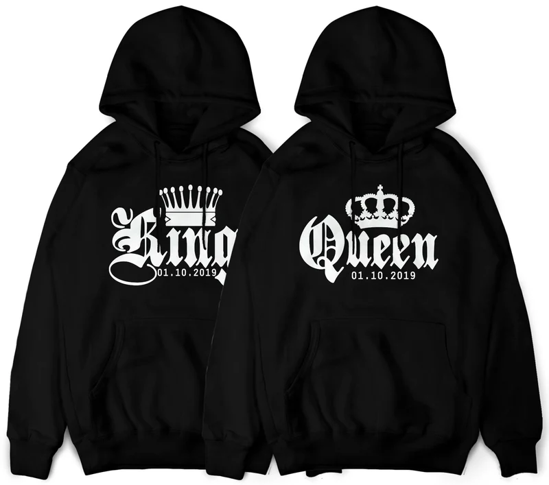 KING & QUEEN Pullover mit Wunschdatum und Krone im SET 2 Stück