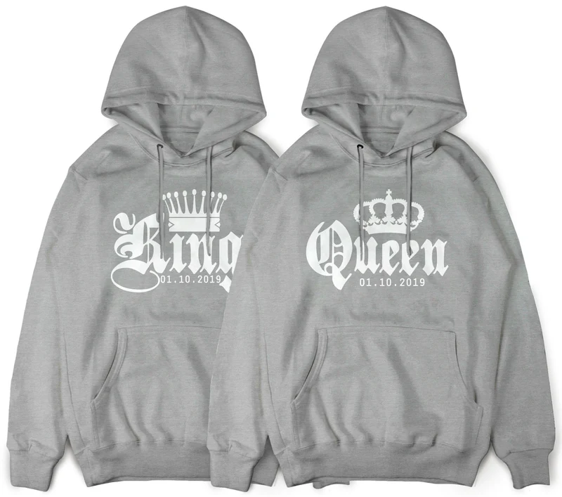 KING & QUEEN Pullover mit Wunschdatum und Krone im SET 2 Stück