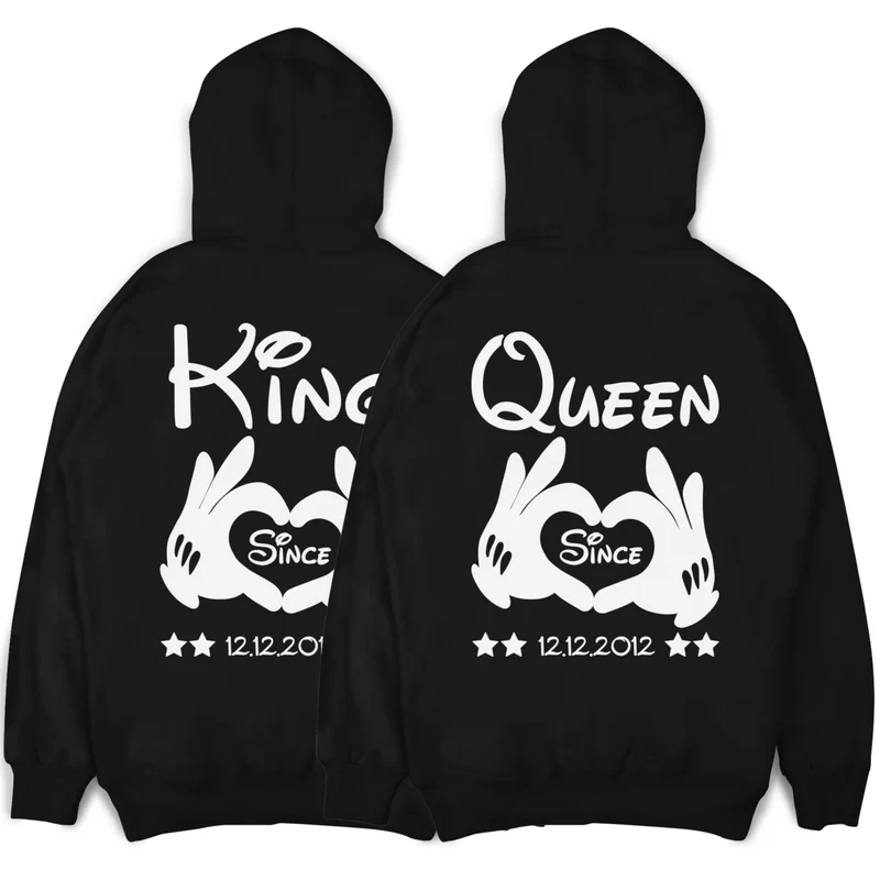 KING und QUEEN Hoodies mit Händen und Wunschdatum Pärchenpullis im SET